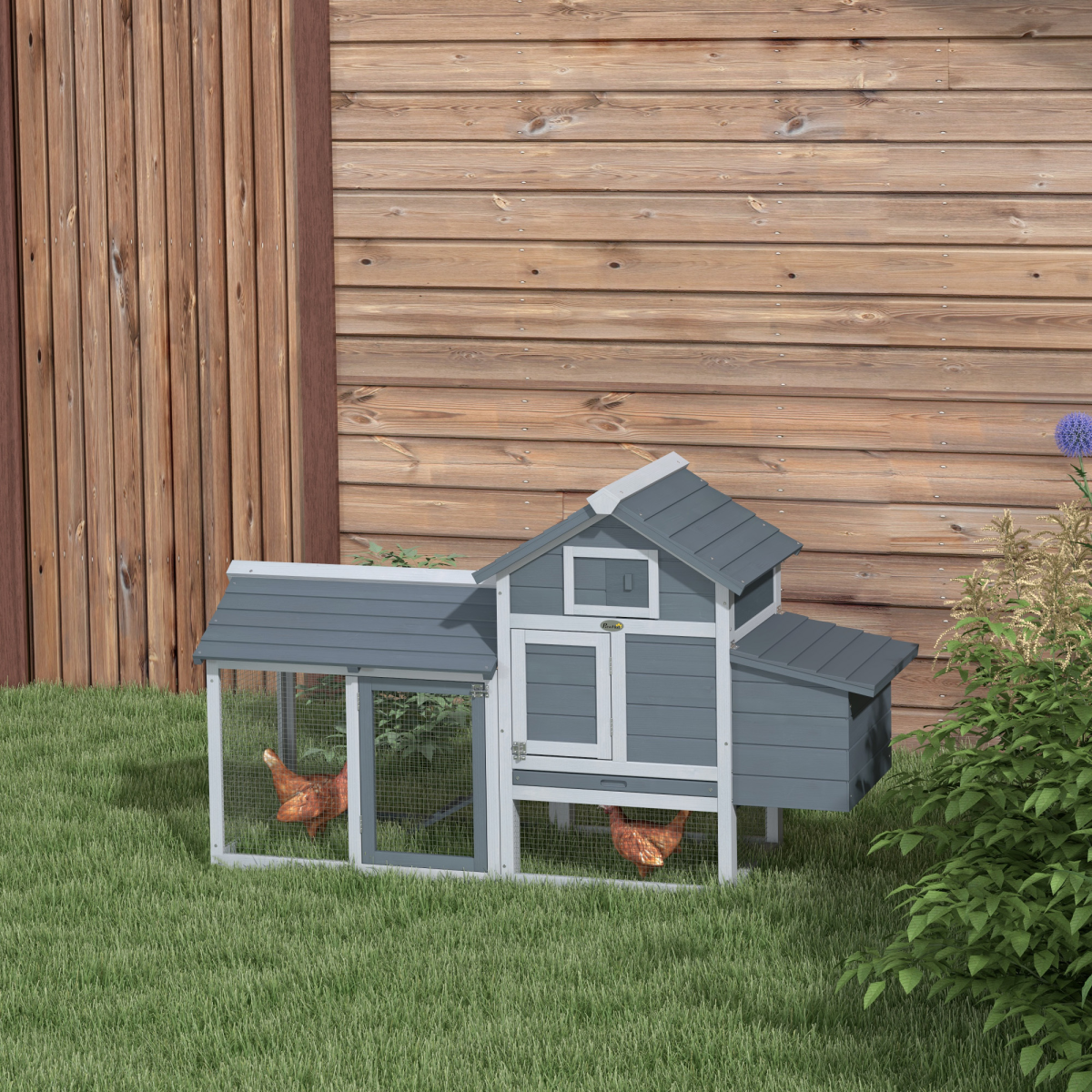 PawHut Small Chicken Coop with Outdoor Run and Nesting Box, Grey, 150.5 x 54 x 87 cm