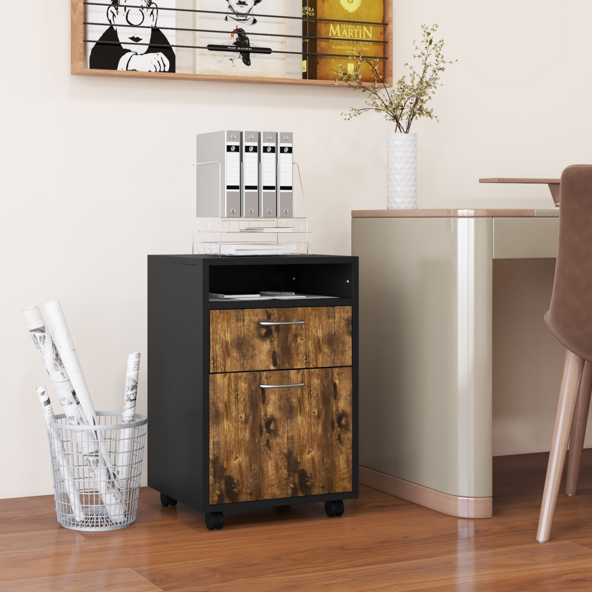 HOMCOM 60cm Storage Cabinet on Wheels with Drawer and Open Shelf, Rustic Brown