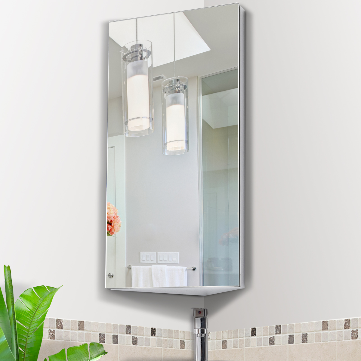 HOMCOM Stainless Steel Floating Corner Bathroom Cabinet with Mirror