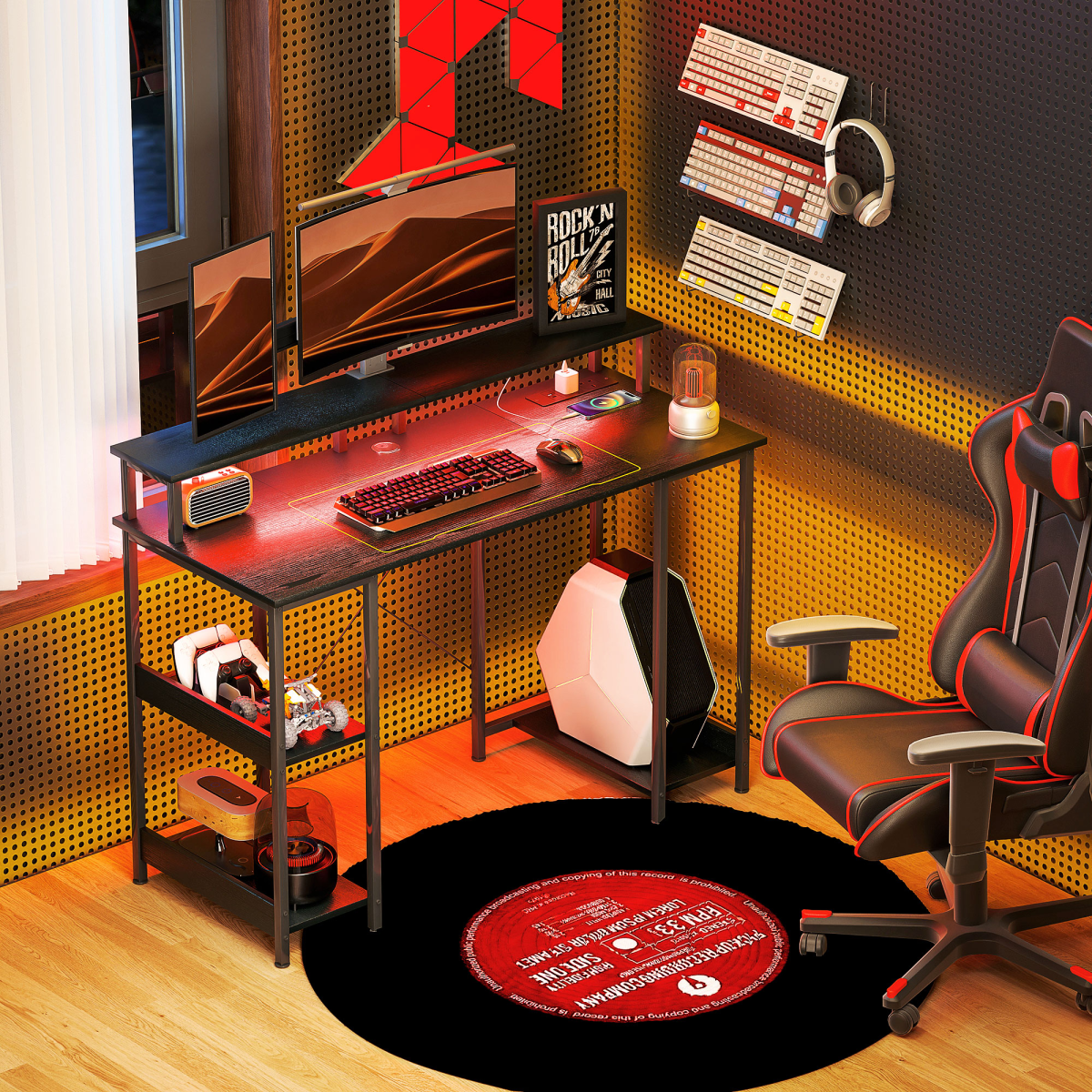 HOMCOM Reversible Computer Desk with Storage, Charging Station and RGB LED Light, Black
