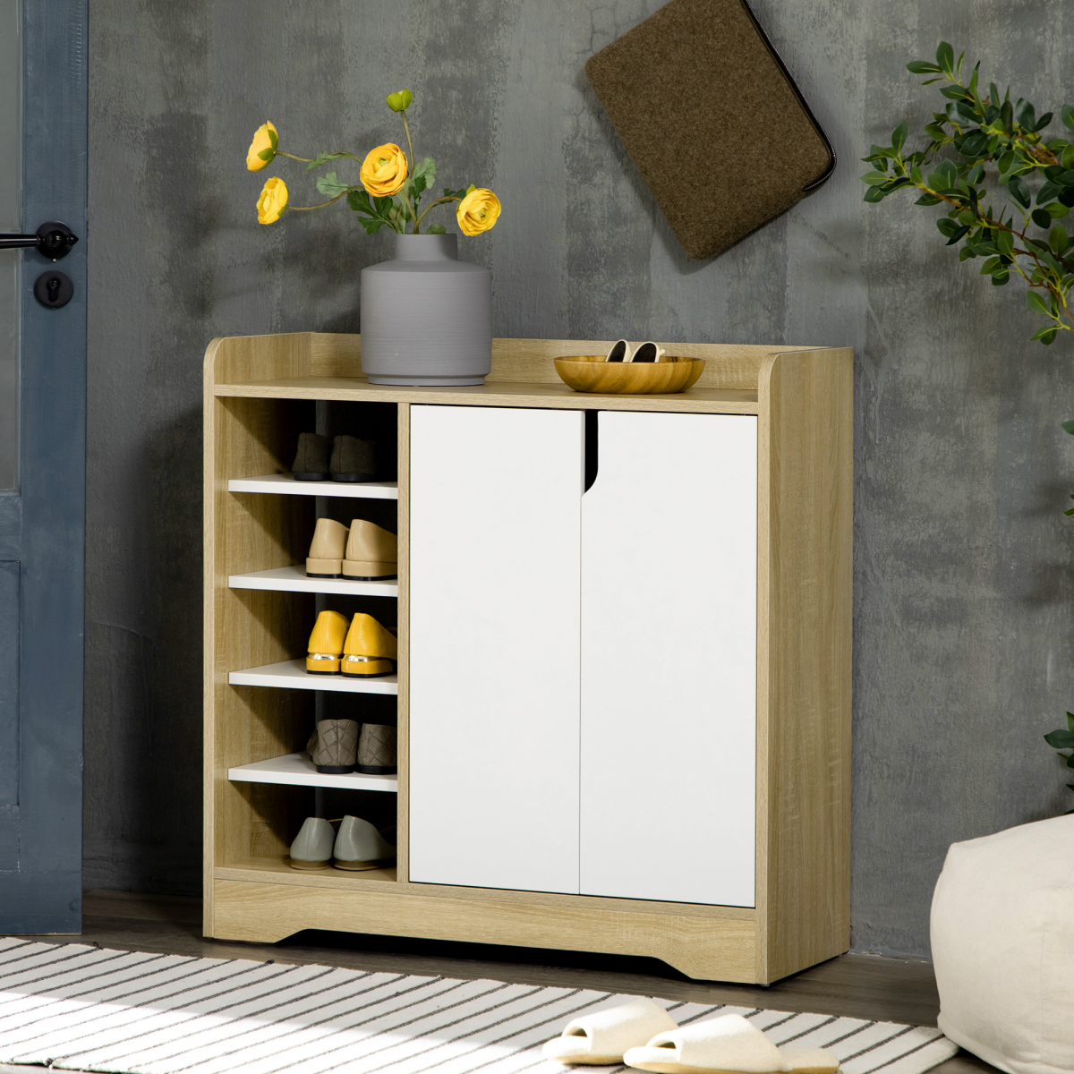 HOMCOM Shoe Storage Cabinet with Double Doors and Open Shelves