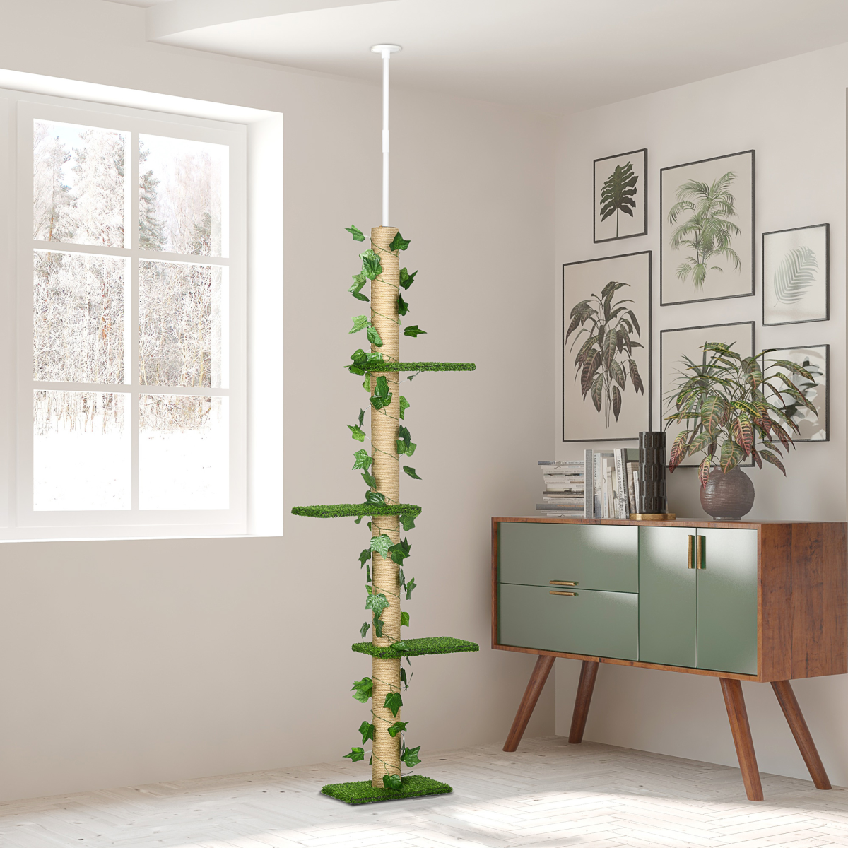 202-242cm Adjustable Floor-to-Ceiling Cat Tree, Green, Anti-Slip Kit