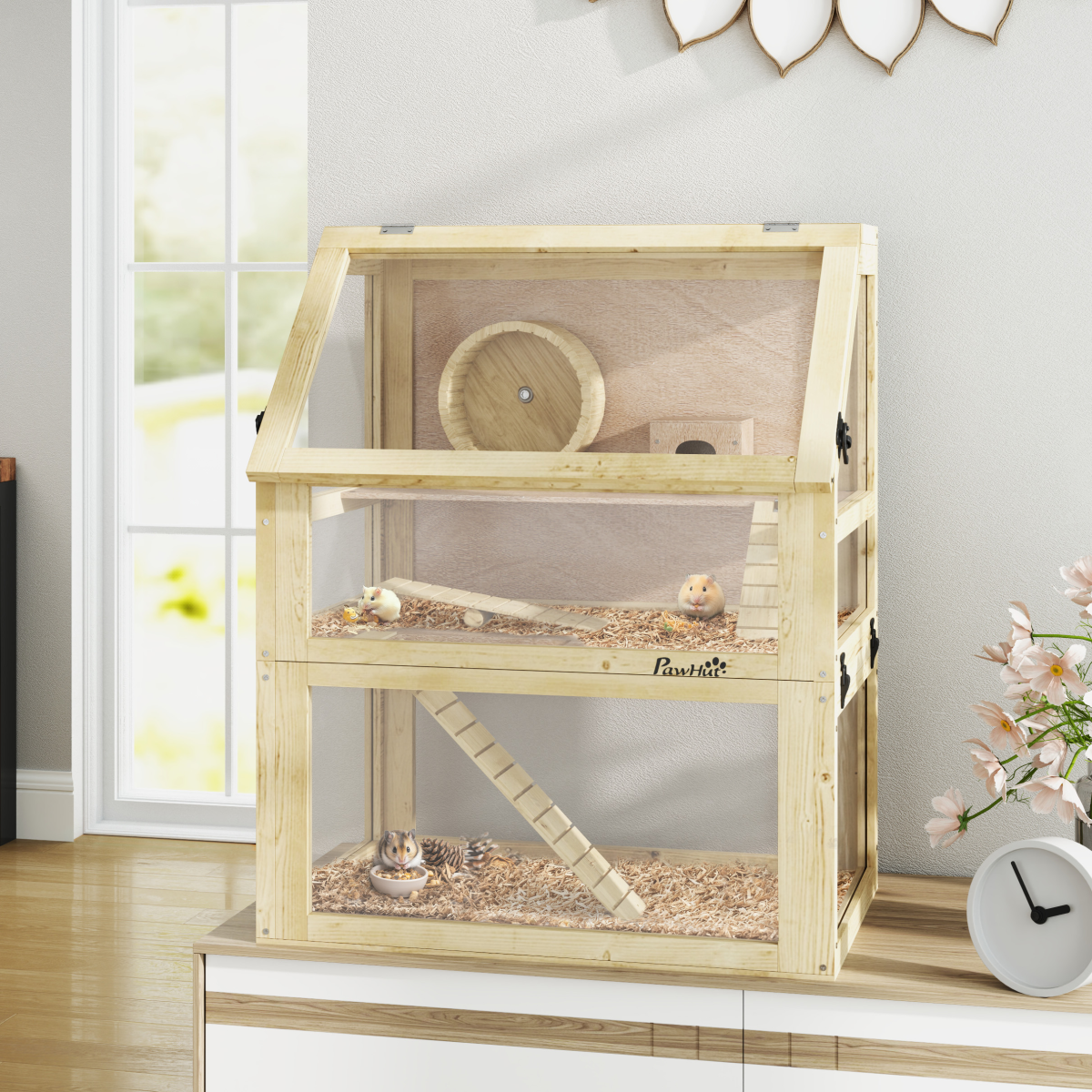 PawHut Wooden Hamster Cage with Detachable Bottom, Three-Layer Design, Hut and Seesaw, 60 x 40 x 75cm