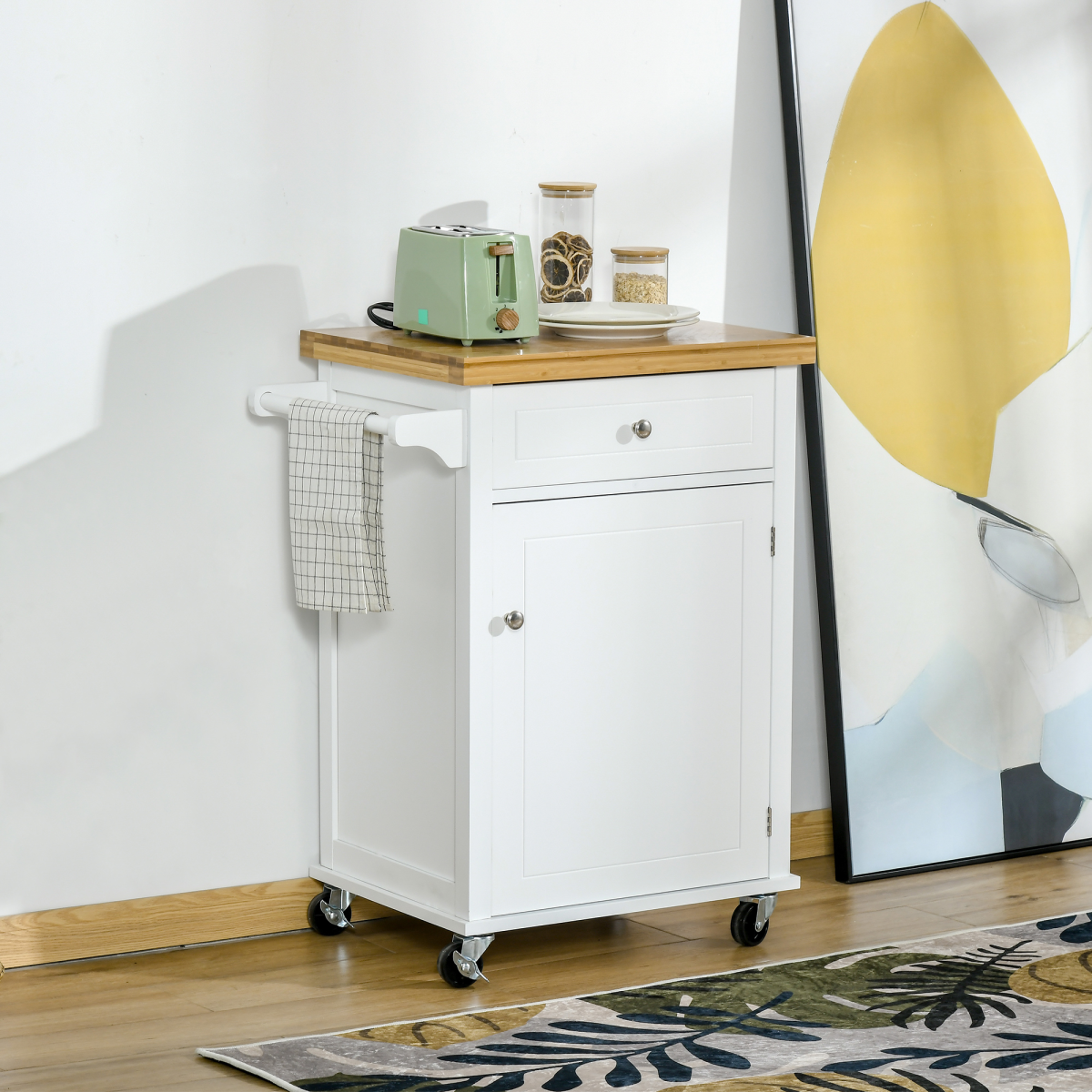 HOMCOM White Rolling Kitchen Island Cart with Drawer and Towel Rail