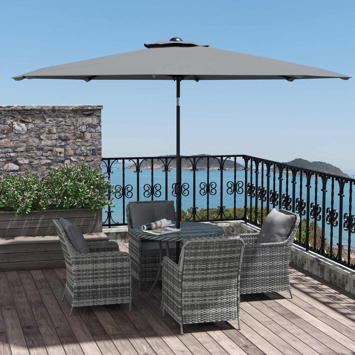 Outsunny 6 Pieces Rattan Garden Furniture with Umbrella, Cushions - Mix Grey