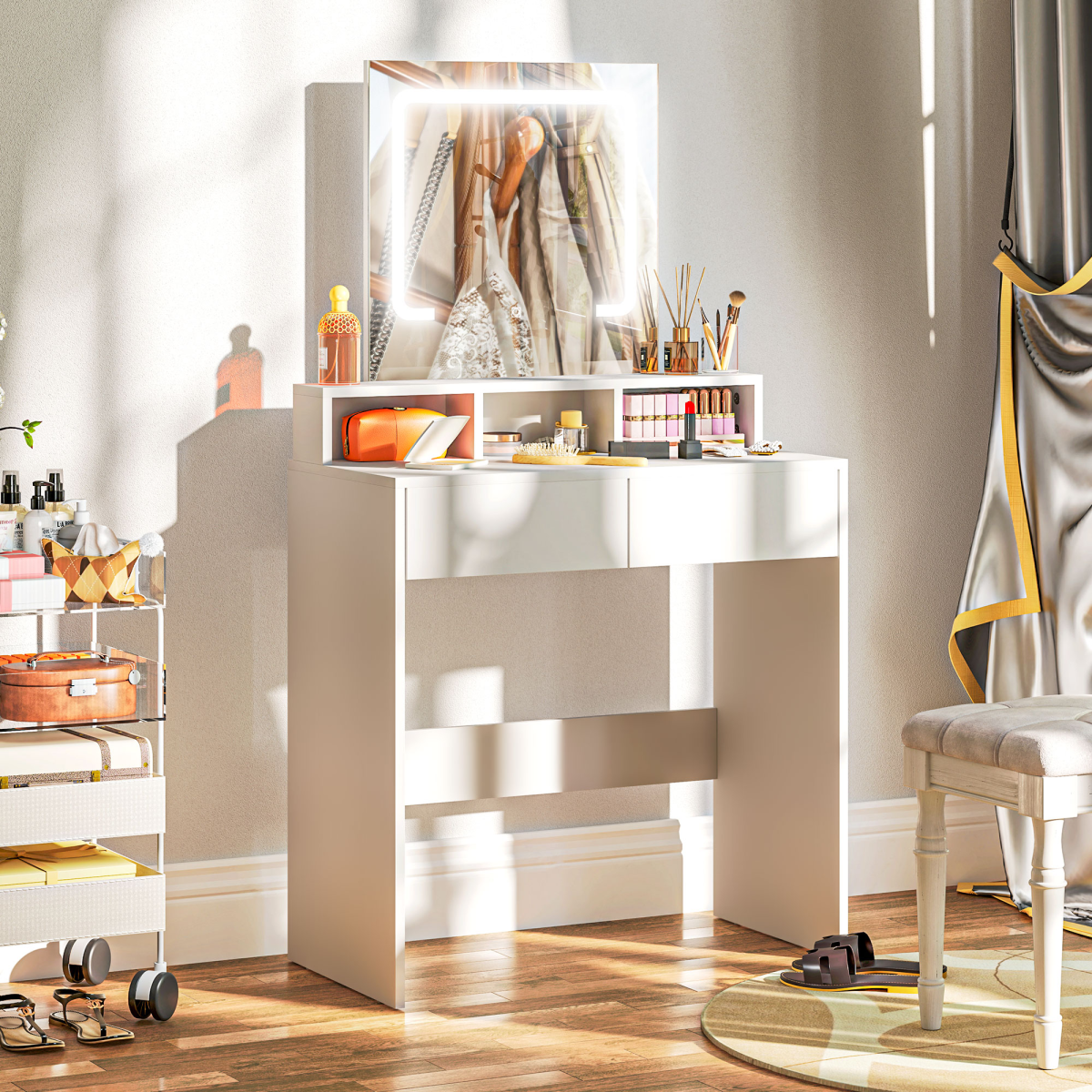 HOMCOM Dressing Table with Mirror, LED Lights, 2 Drawers, White