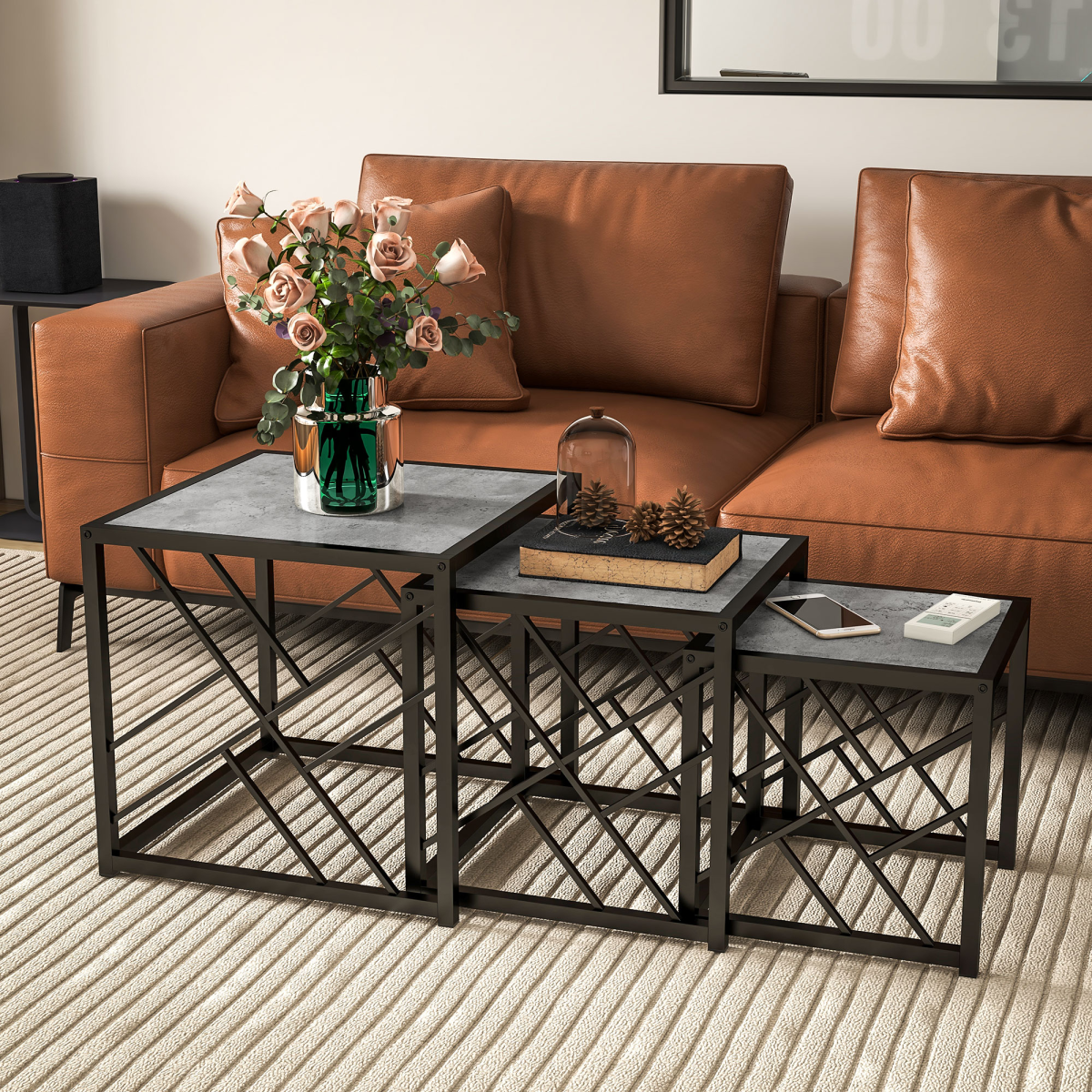 Set of 3 Nesting Square Coffee Tables with Metal Frame, Grey