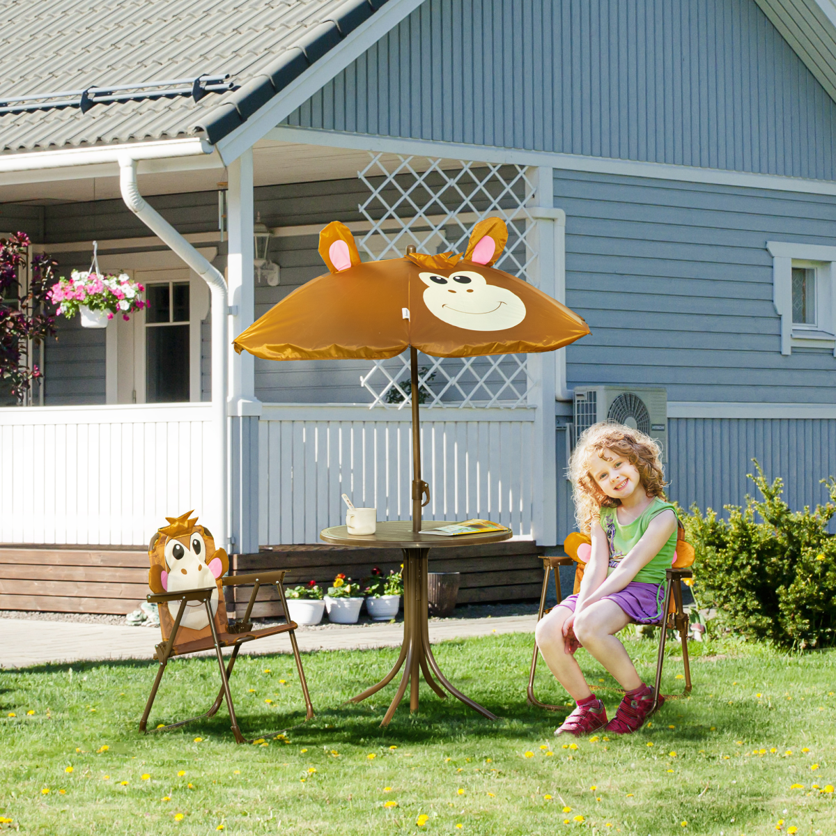 Outsunny Kids Foldable Four-Piece Garden Set with Round Table, 2 Fold-Out Chairs and Adjustable Umbrella, Monkey Design