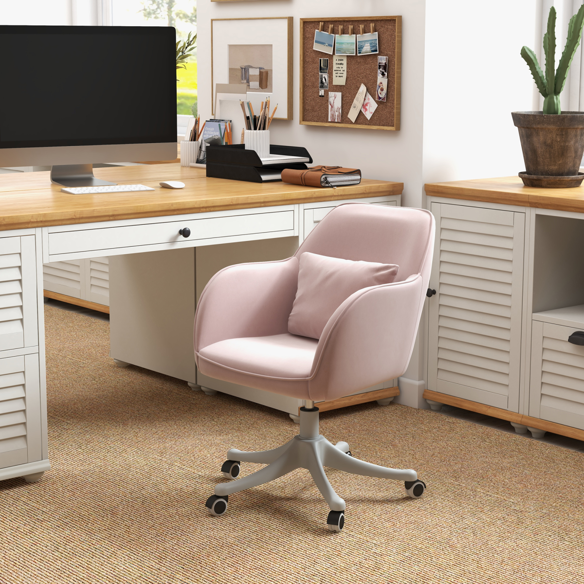 Vinsetto Massage Office Chair with USB Powered Lumbar Pillow, Velvet-Feel Upholstery, Swivel Seat and Castor Wheels