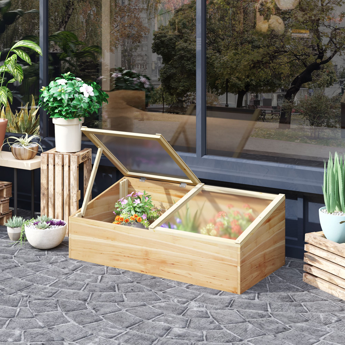 Outsunny Wooden Cold Frame Greenhouse Grow House with Clear Polycarbonate Panels, 100 x 50 x 36 cm, Natural