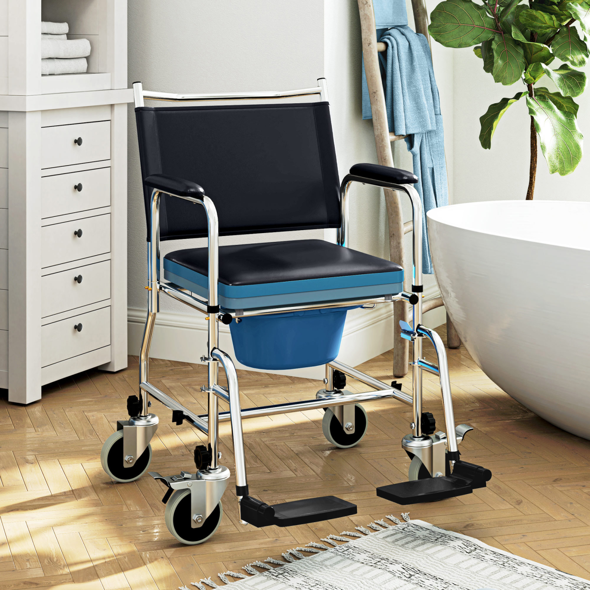 HOMCOM 3-in-1 Commode Shower Chair Wheelchair with Wheels