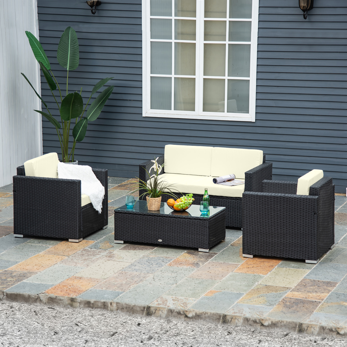 Outsunny 4-Piece Outdoor Rattan Wicker Sofa Set with Coffee Table, Cushioned, Steel Frame, Black