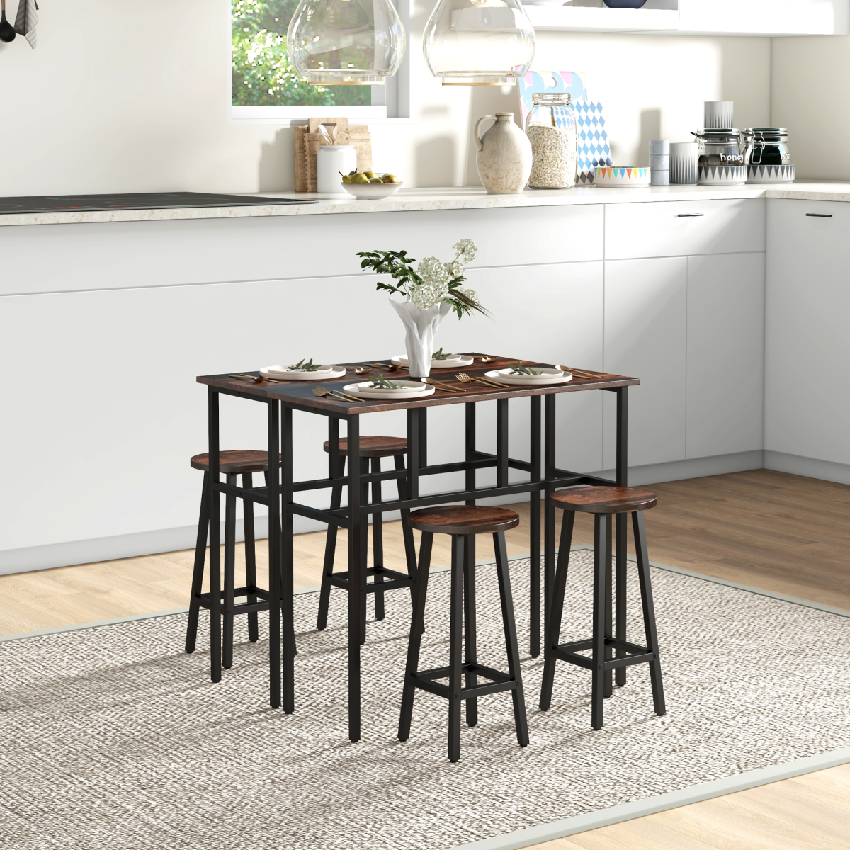 HOMCOM 6-Piece Industrial Bar Table Set, 2 Tables 4 Stools, Brown