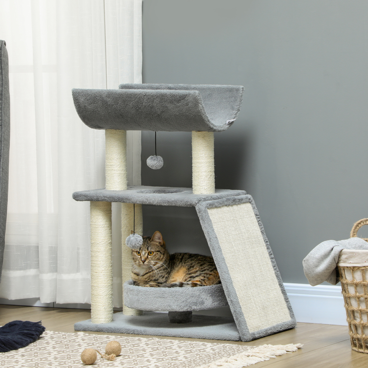 PawHut Light Grey Indoor Cat Tree Tower with Scratching Posts & Toy Ball