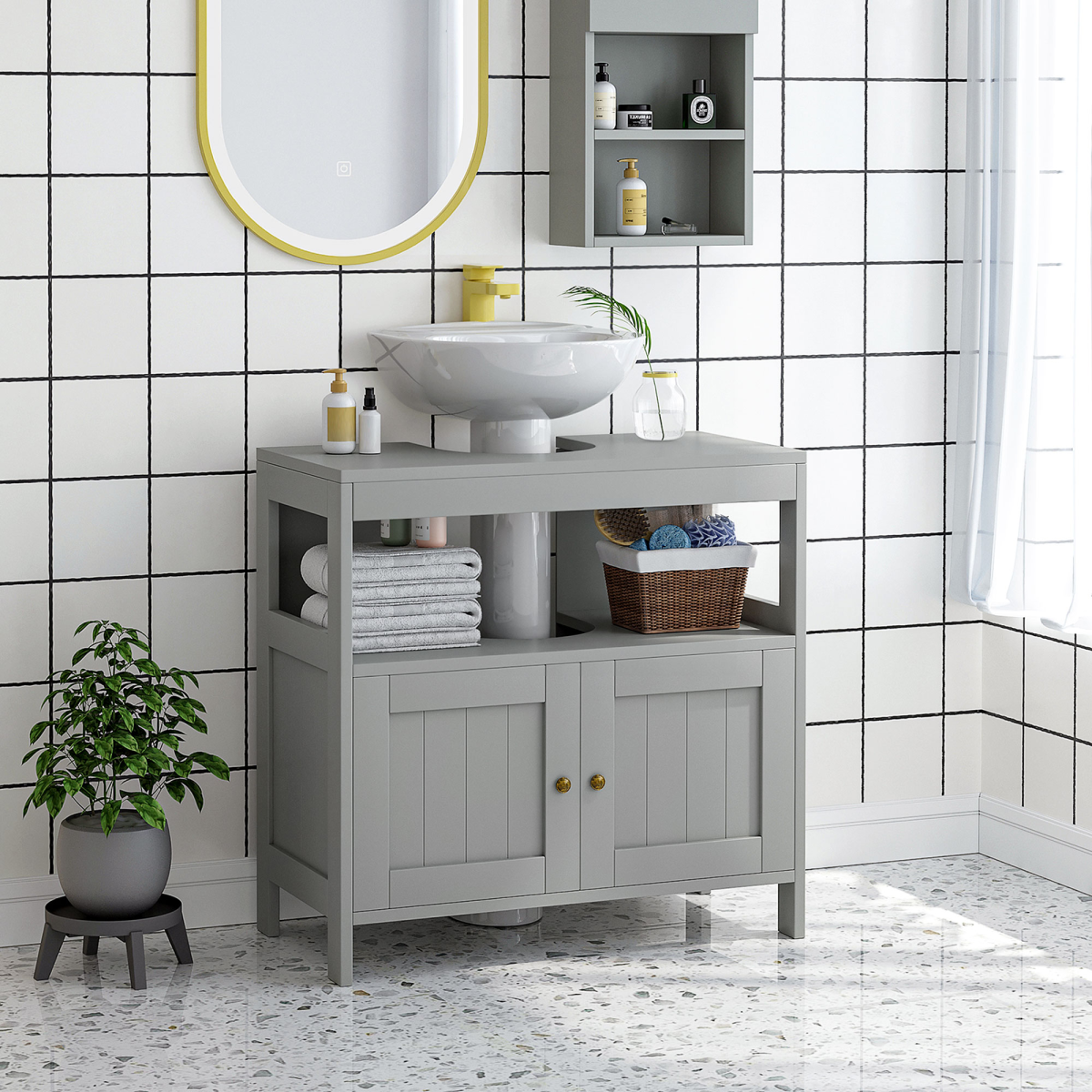 kleankin Bathroom Pedestal Under Sink Cabinet, Grey, with Open Shelf, Door and U-Shaped Cut-Out