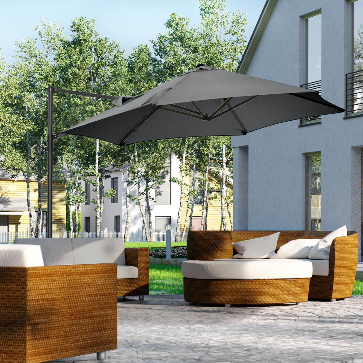 2.5M Garden Cantilever Parasol W/ 360 Rotation and Cross Base, Dark Grey