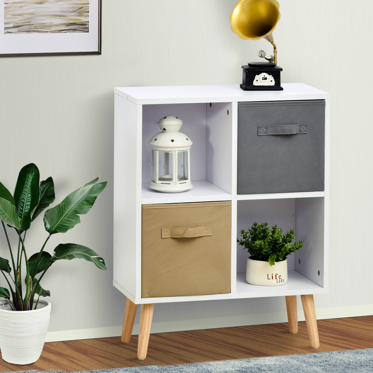 Freestanding 4-Cube Storage Cabinet Bookcase with 2 Fabric Drawers