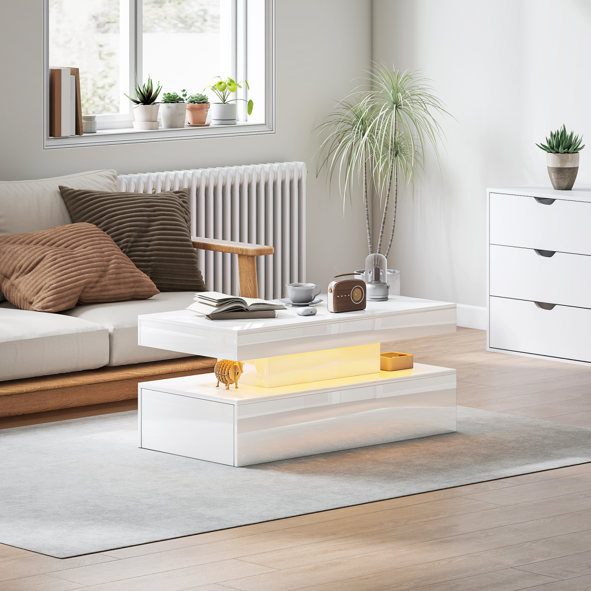 HOMCOM LED Coffee Table with Storage, High Gloss, White