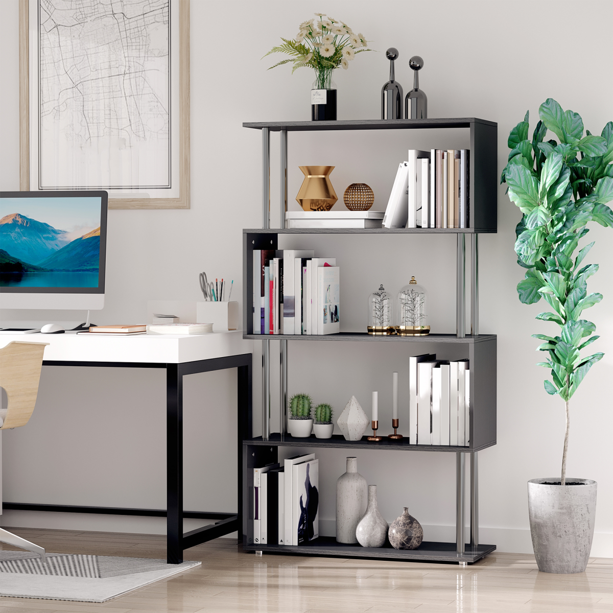 HOMCOM Modern S-Shaped Wooden Bookshelf Room Divider Storage Display Unit Black