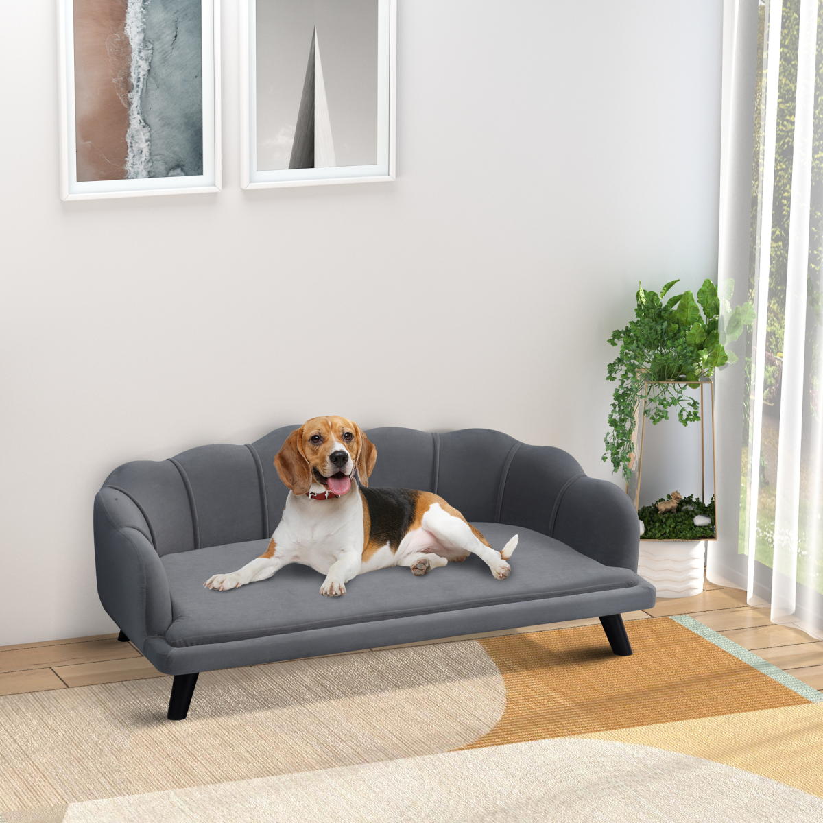 PawHut Grey Dog Sofa Bed with Cushion and Wooden Legs for Medium and Large Dogs