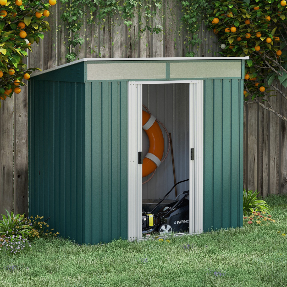 Outsunny 6.5x4FT Green Galvanized Steel Garden Shed with Foundation, Lockable Sliding Doors and Windows