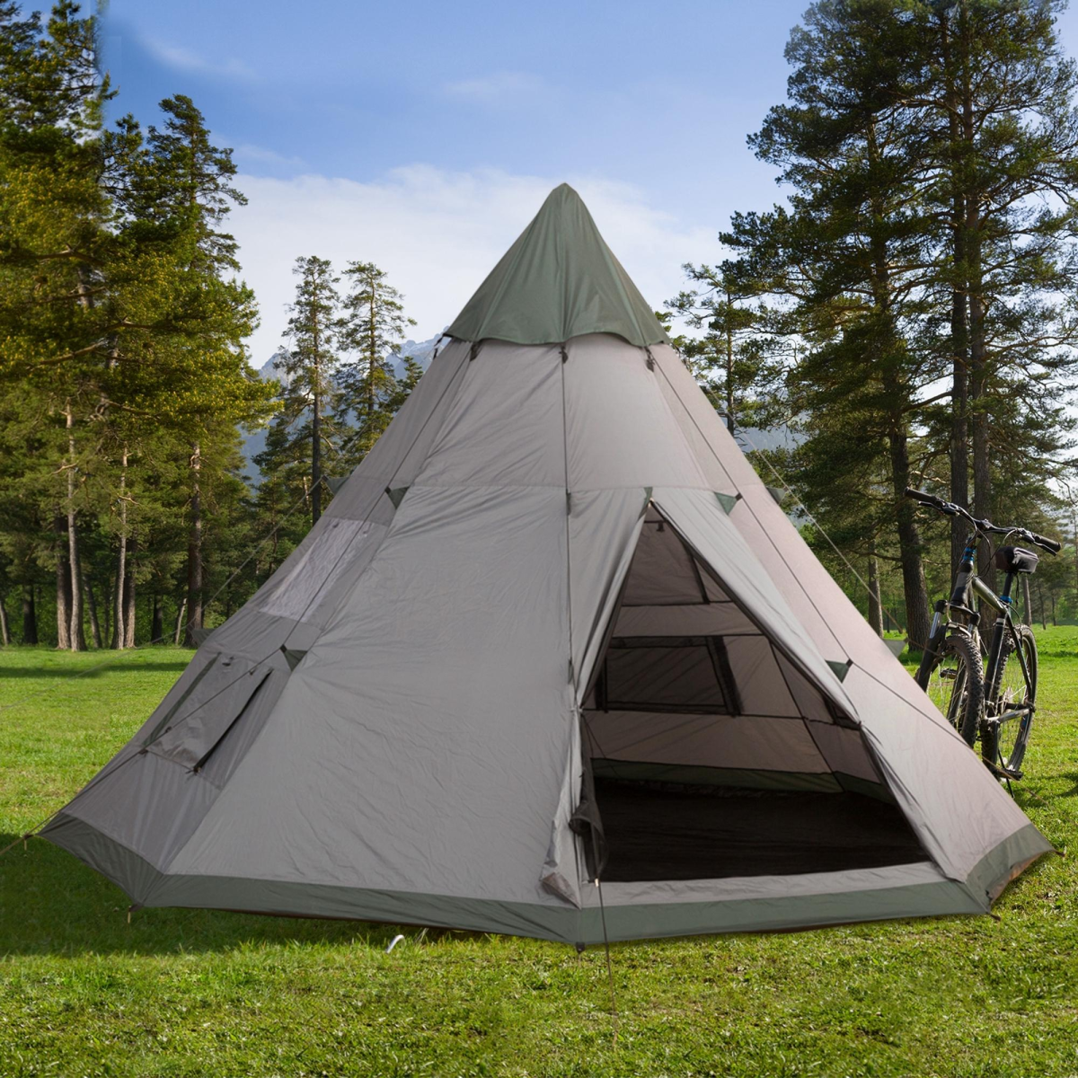 Large Tipi Camping Tent for 6 Adults, Mesh Windows, Carry Bag