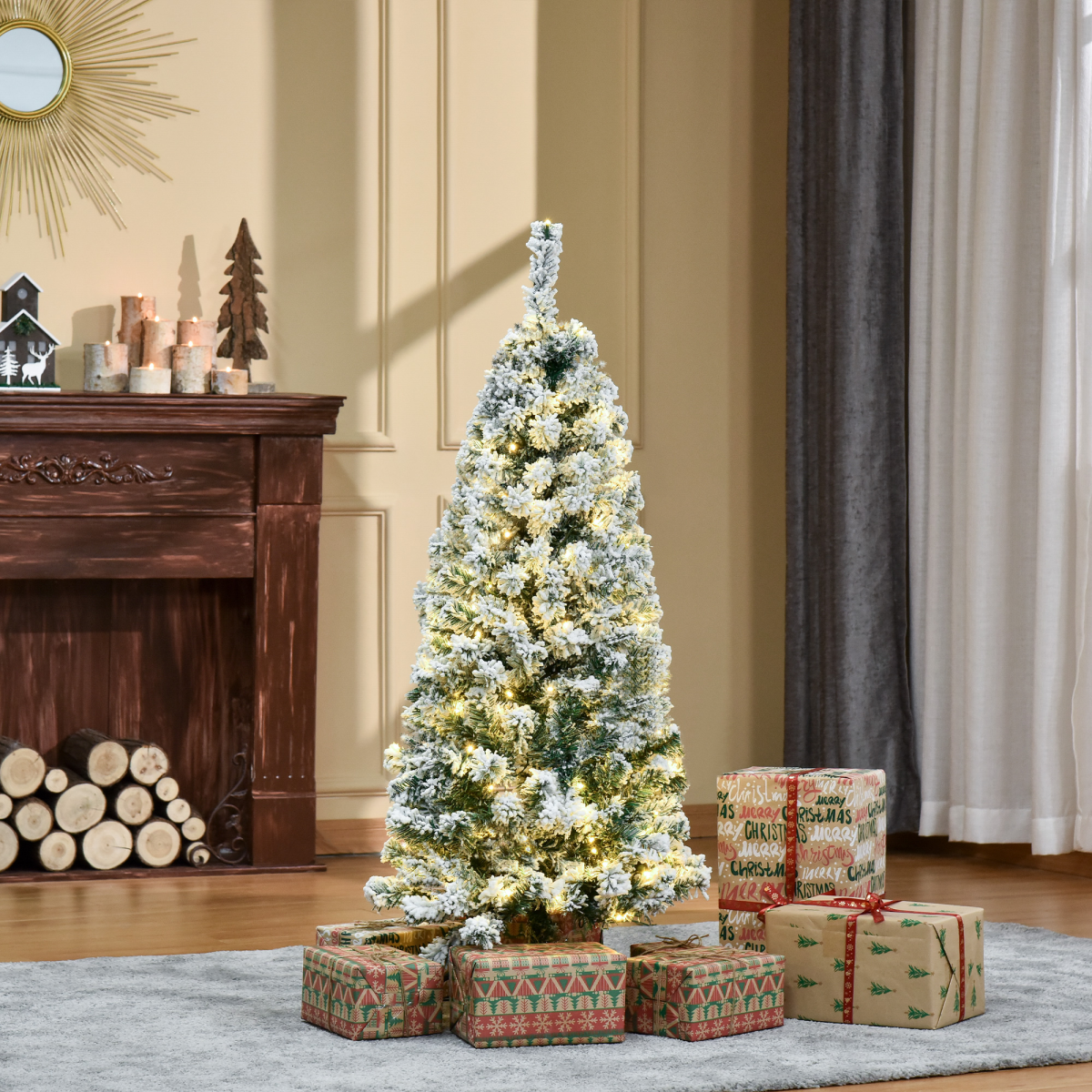 HOMCOM 4ft Prelit Artificial Snow Flocked Christmas Tree with 150 Warm LED Lights, Green and White