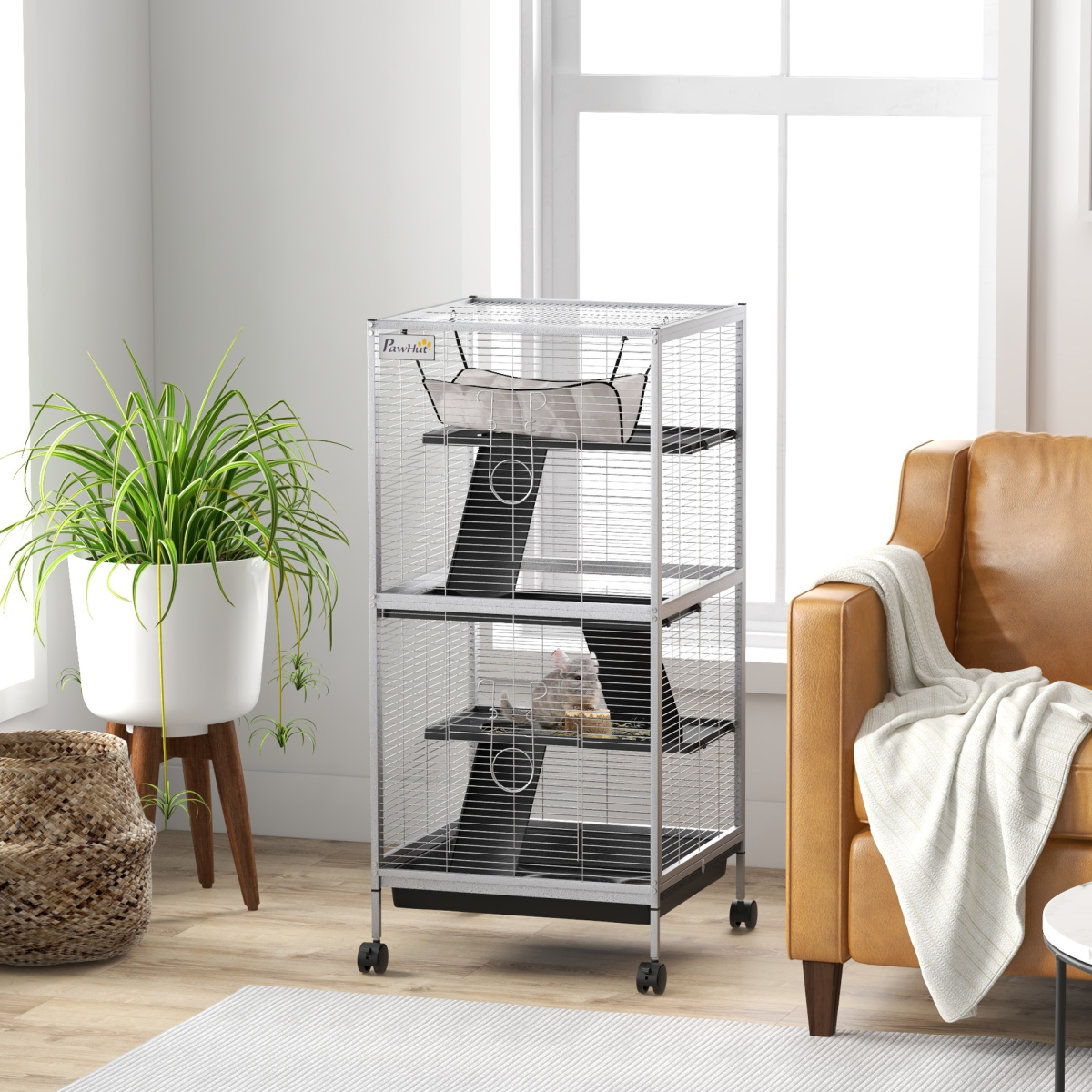 PawHut Rolling Small Animal Cage for Chinchillas, Ferrets and Kittens, Grey