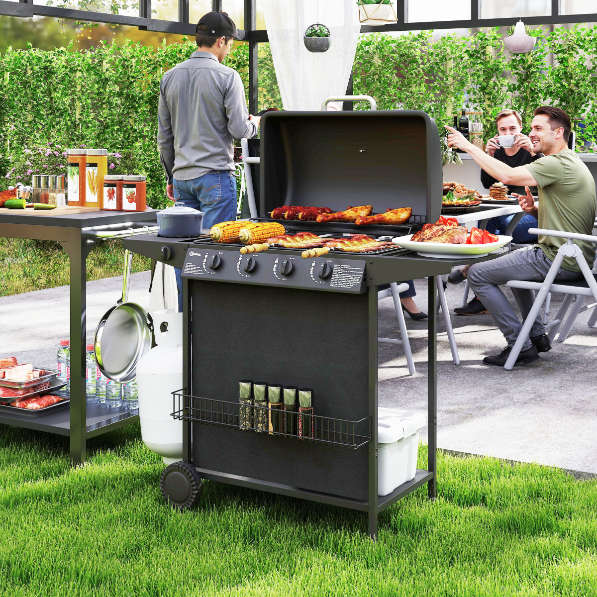 Outsunny 5-Burner Gas BBQ Grill with Side Burner, Lid, Black
