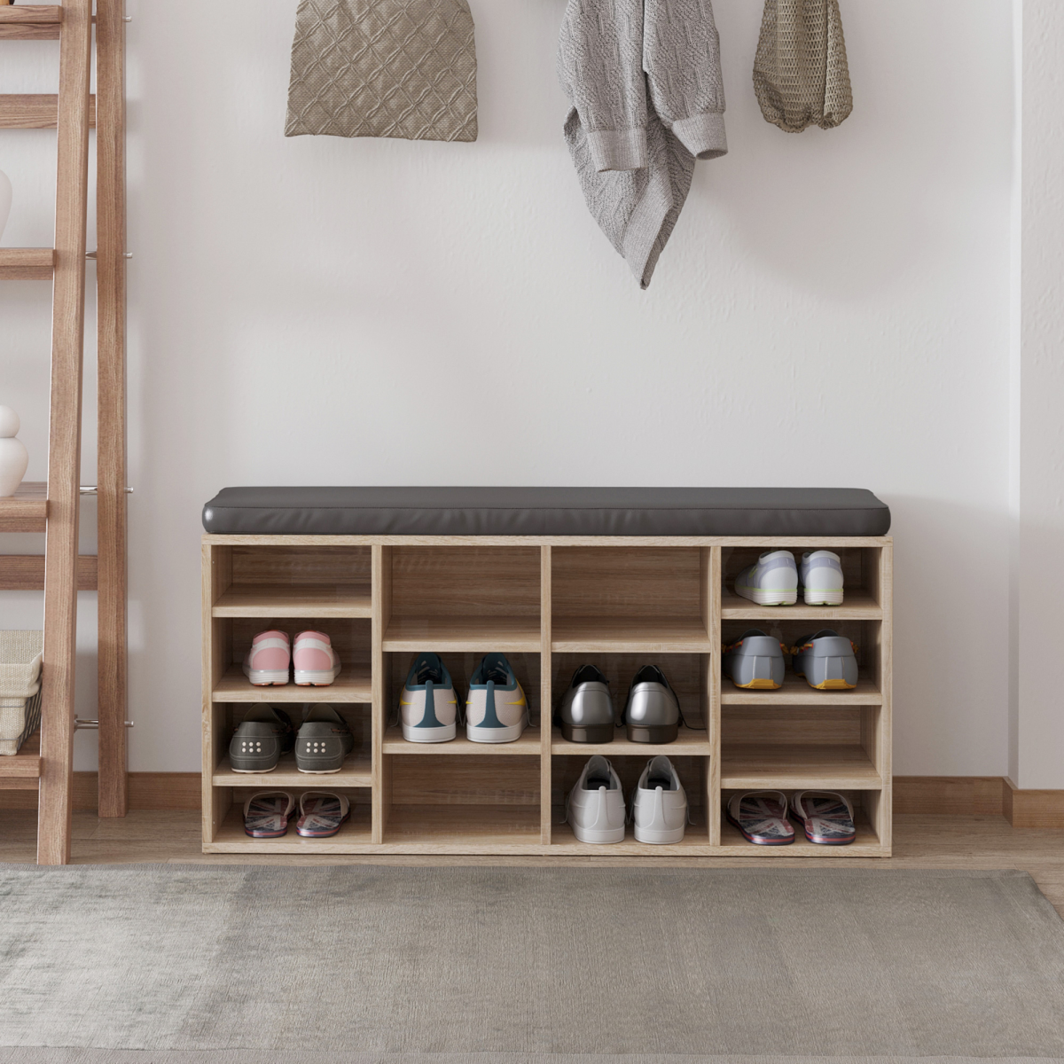 Multi-Storage Shoe Rack 14 Compartments Cushion Moving Shelves Brown