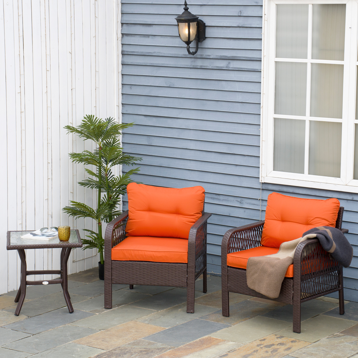 Outsunny 3-Piece Orange Patio Rattan Bistro Set with Cushions & Glass Table