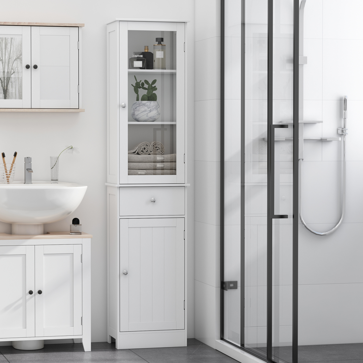 kleankin Bathroom Storage Cabinet with 3-Tier Open Shelves, Bottom Cabinet with Shelf, Transparent Acrylic Door, White