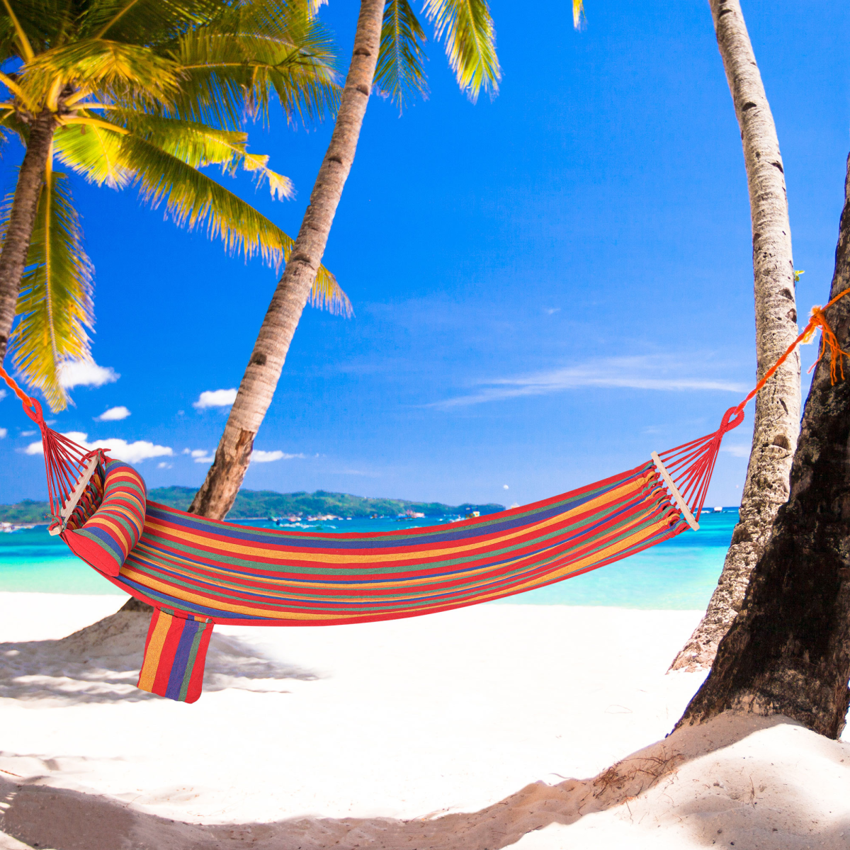Outsunny Portable Polyester-Cotton Hammock with Headrest, Side Pocket, Hardwood Spreader Bar