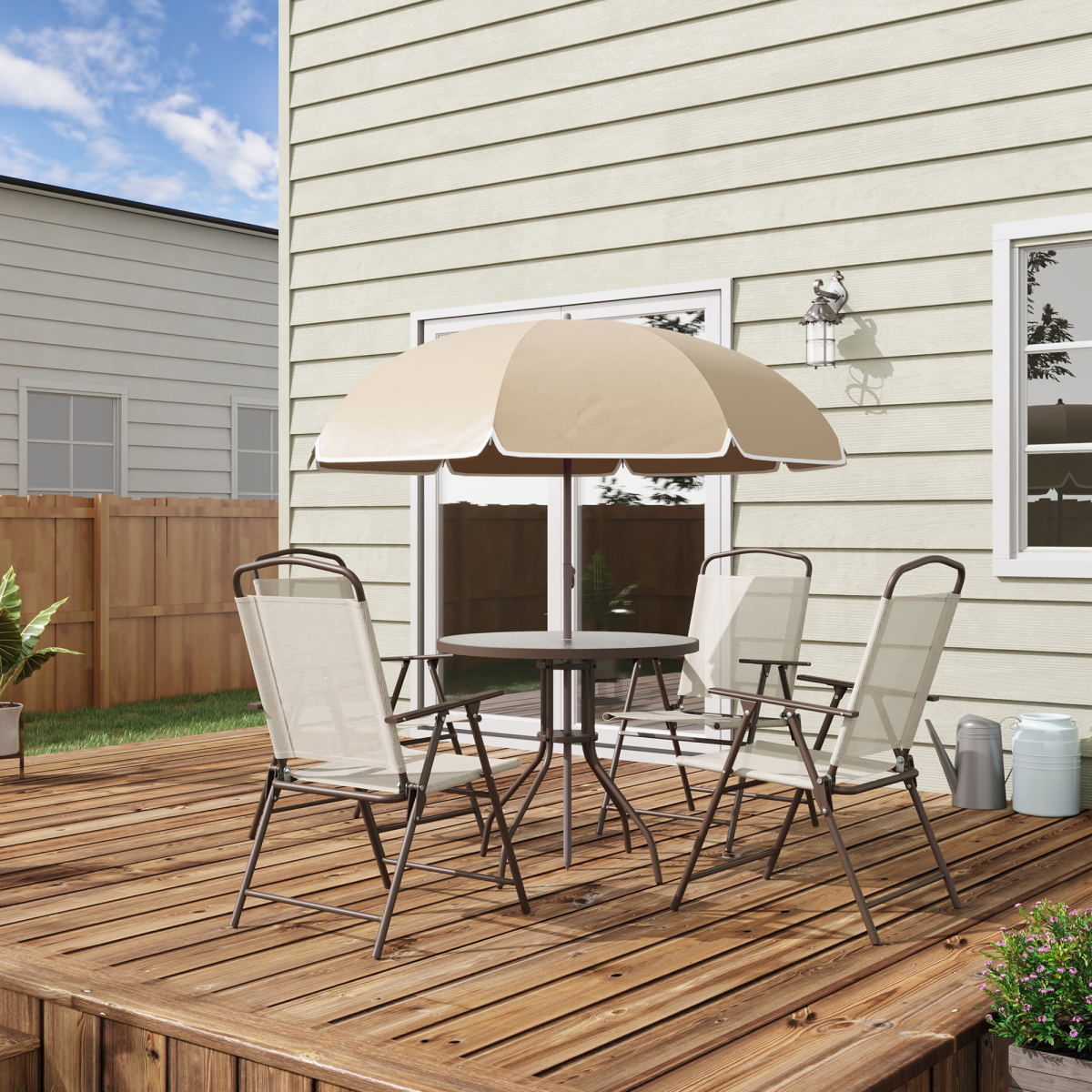 Outsunny 6 Piece Garden Outdoor Dining Set with Folding Chairs, Table, Parasol and Tempered Glass Top