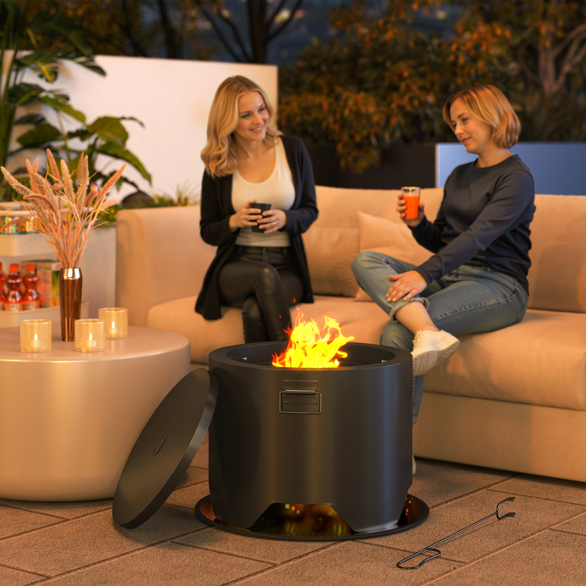 Outsunny Outdoor Round Wood Burning Fire Pit with Lid and Poker, Black