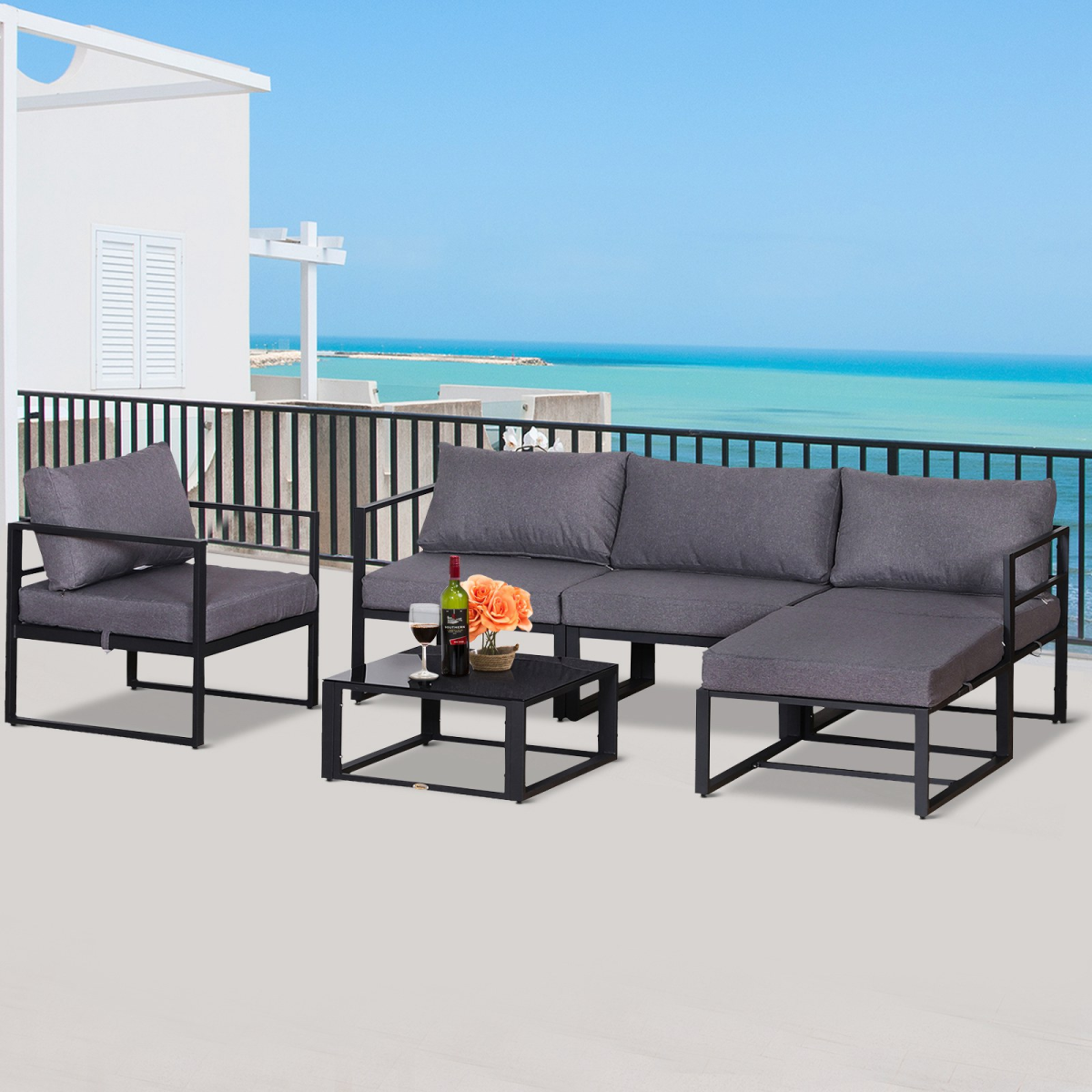6 Piece Garden Sectional Sofa Set with Coffee Table and Footstool, Aluminium Frame, Outsunny