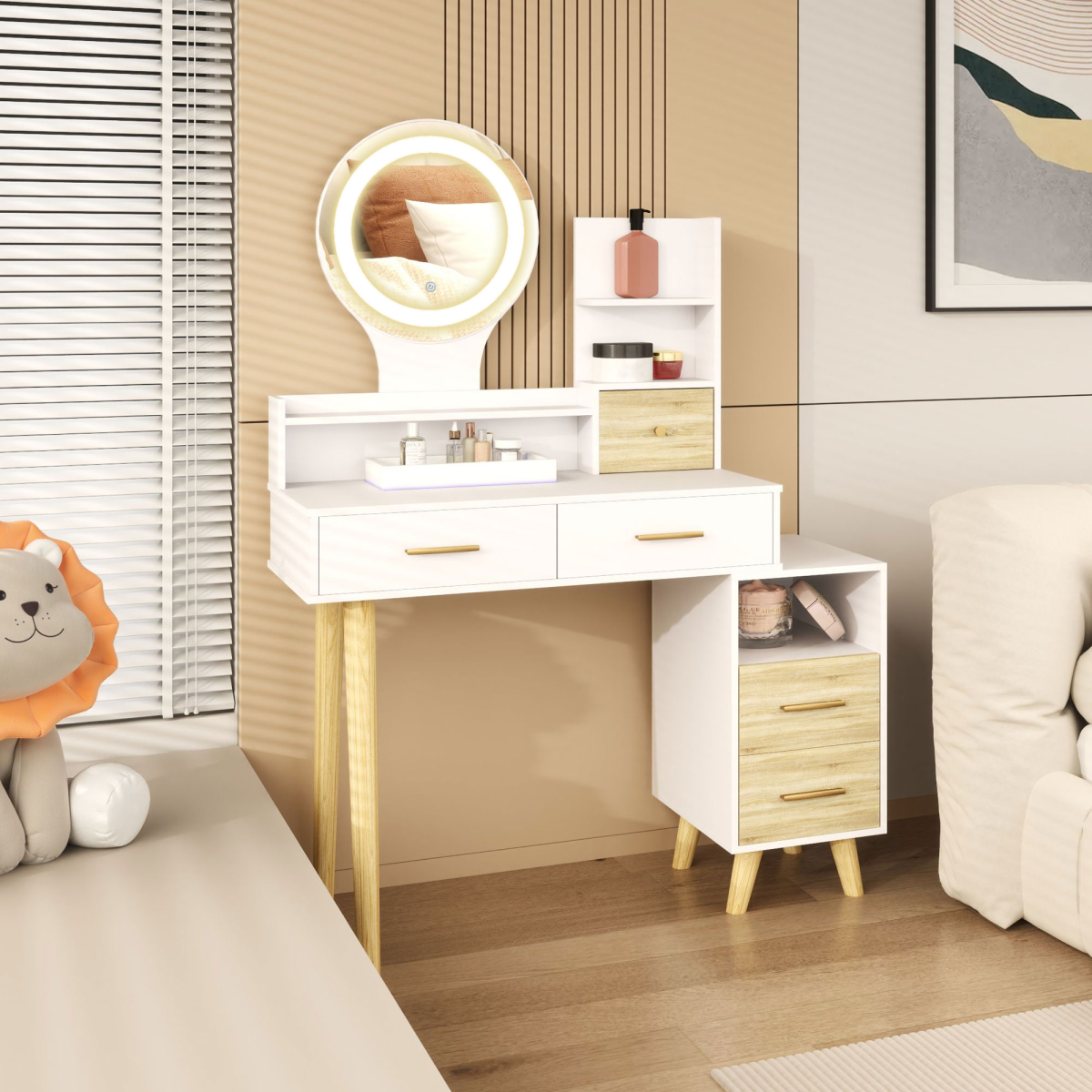 HOMCOM White Vanity Table with Mirror, LED Lights, 5 Drawers