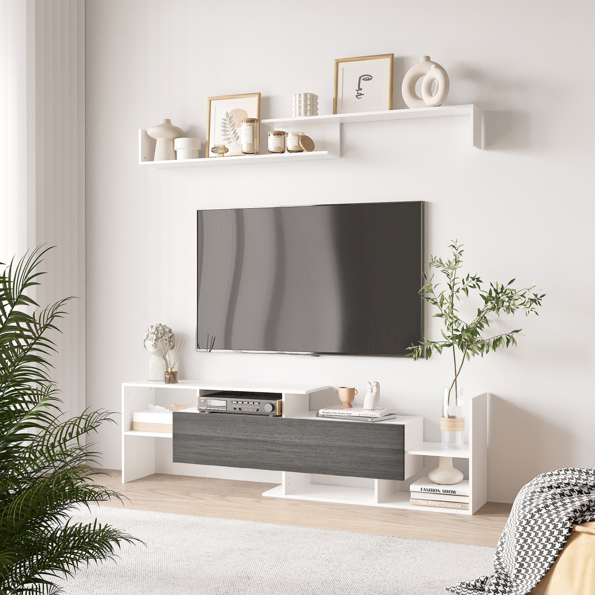 TV Cabinet Unit with Wall-Mounted Shelf and Open Shelves, White and Grey