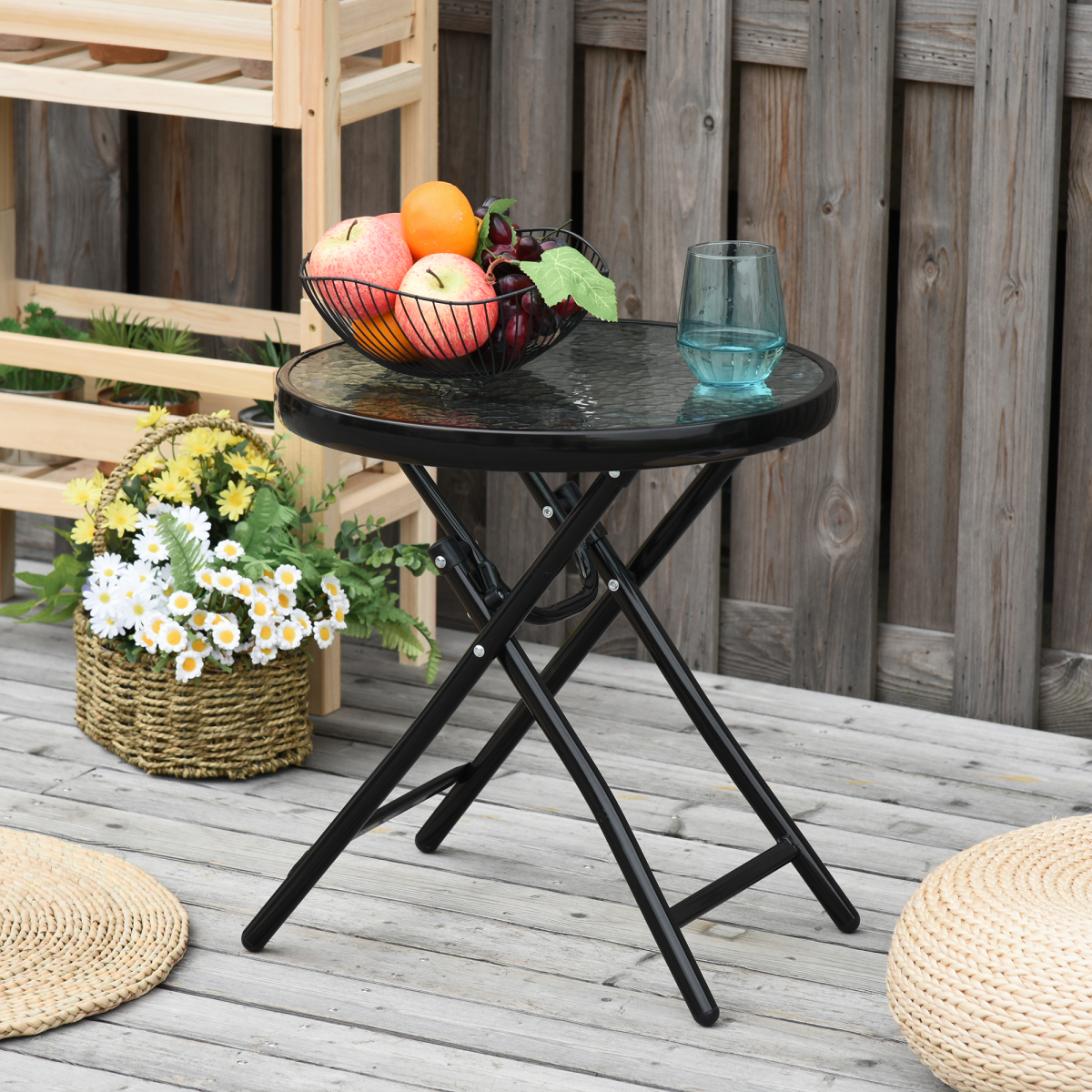 Folding Garden Table Round Foldable Table with Safety Buckle Black
