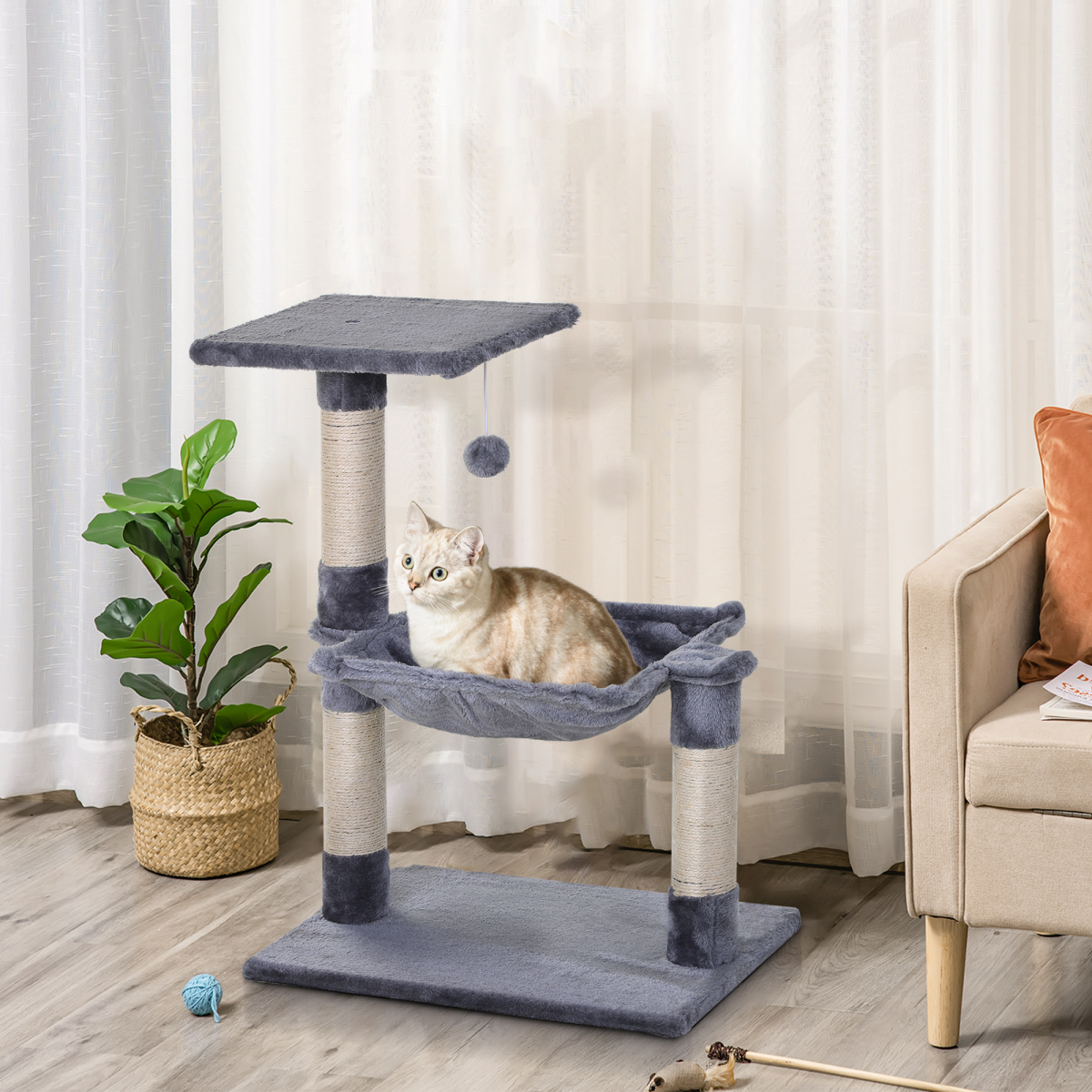 PawHut Cat Tree with Sisal Scratching Posts, Hammock Bed, Top Perch and Play Ball, 70cm High
