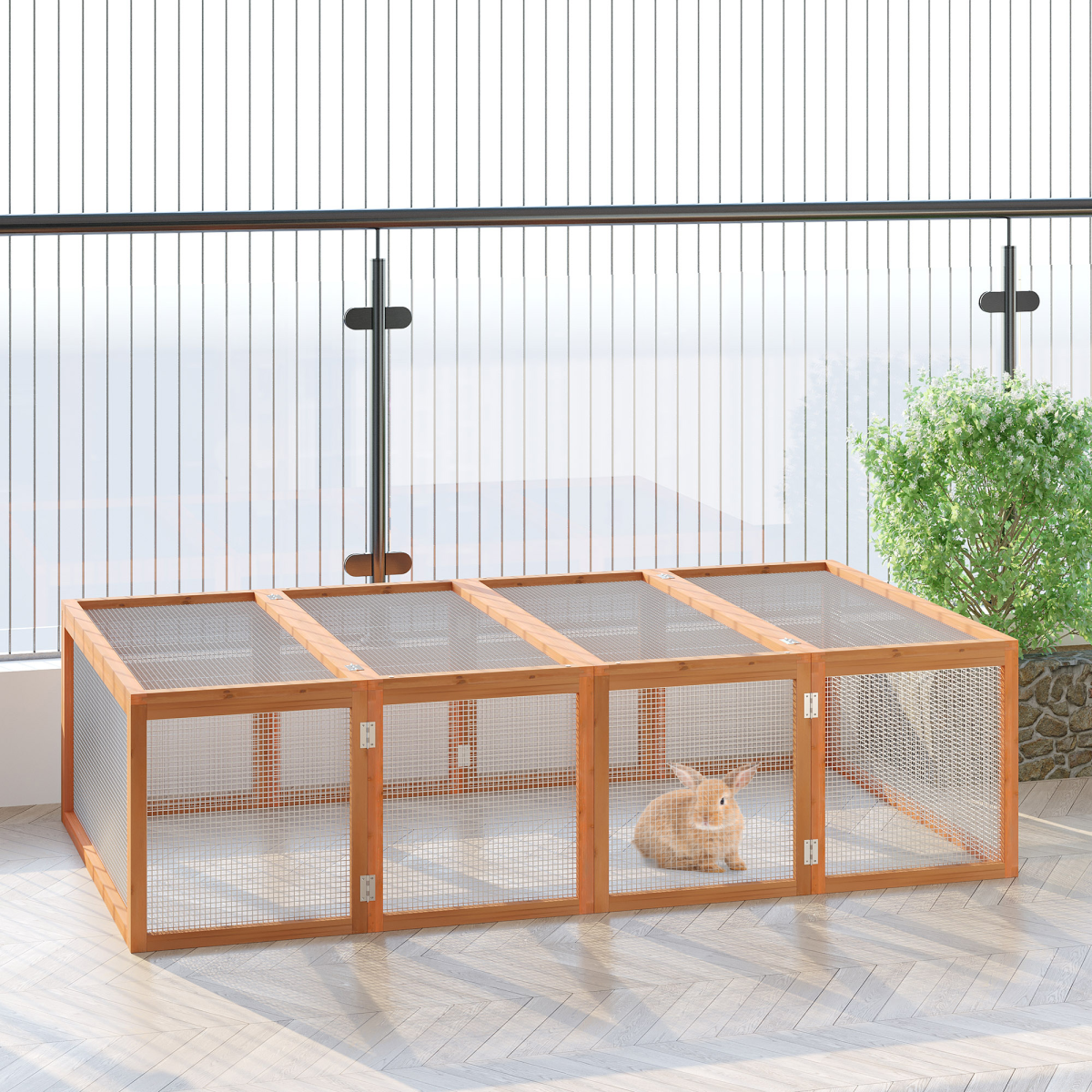 Pawhut Rabbit Hutch with Run and Play Space, Outdoor Mesh Wire Safety, Fir Wood and Metal