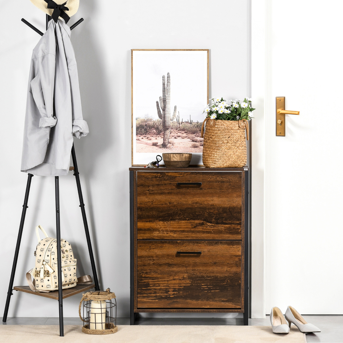 HOMCOM 2-Drawer Flip Shoe Cabinet with Divider, Wood-Effect