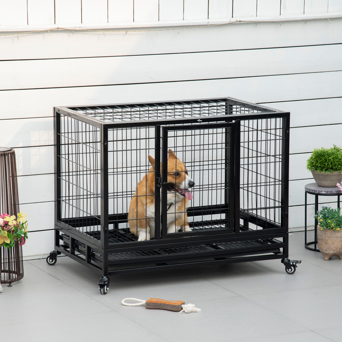 PawHut Heavy Duty Metal Dog Crate with Wheels and Tray