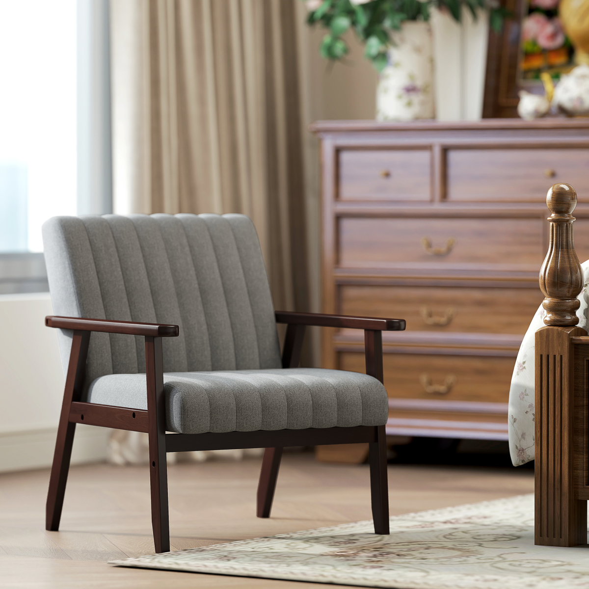 HOMCOM Modern Grey Accent Chair, Upholstered Armchair with Brown Legs