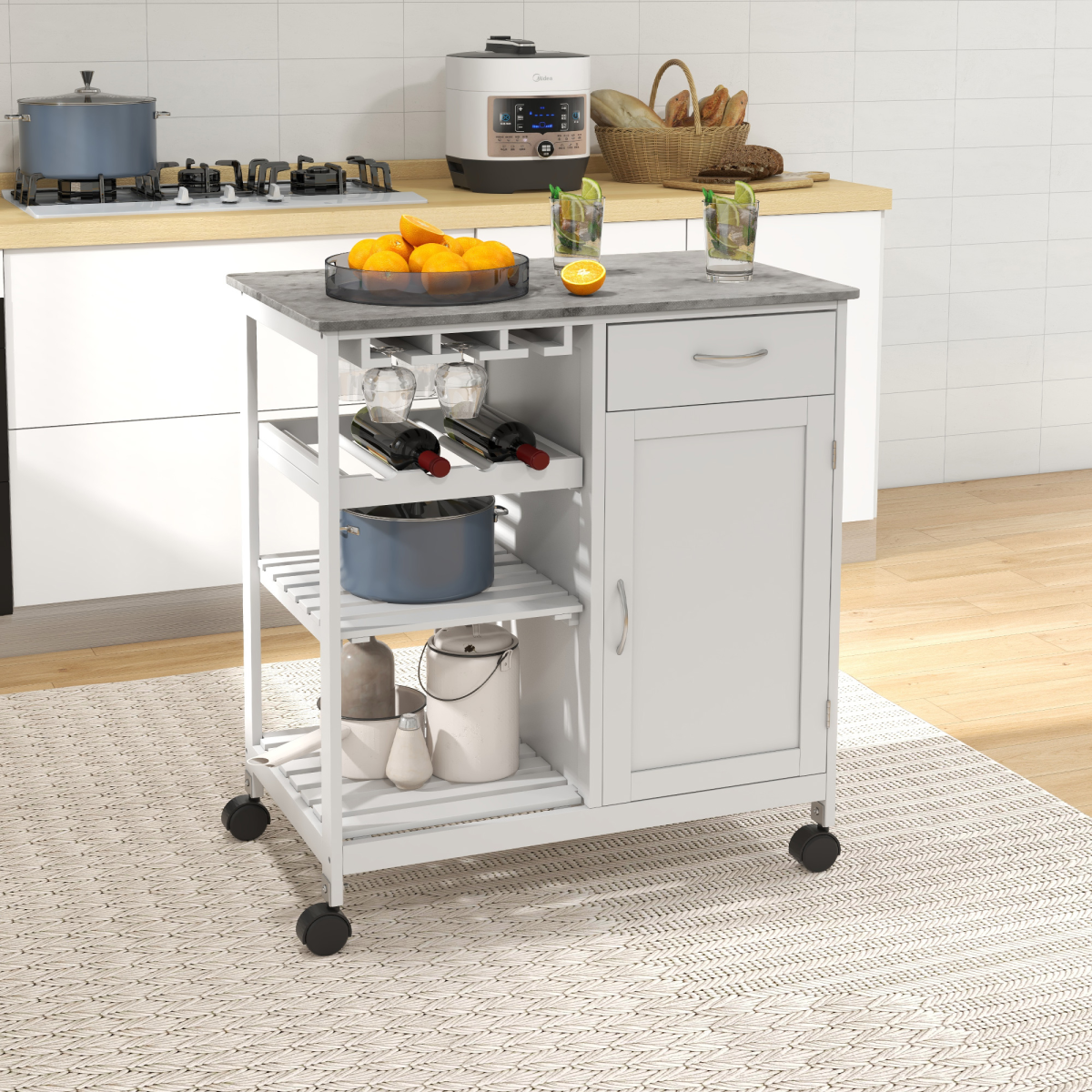 HOMCOM Kitchen Trolley Utility Cart on Wheels with Wine Rack, Drawer, Two Shelves, Side Cupboard, White