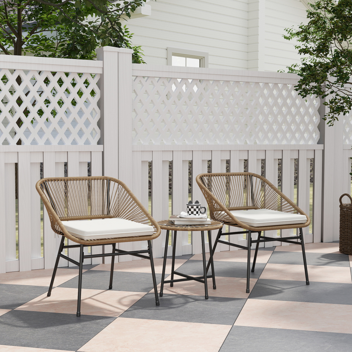 Outsunny 3-Piece Rattan Bistro Set with Cushions for Balcony