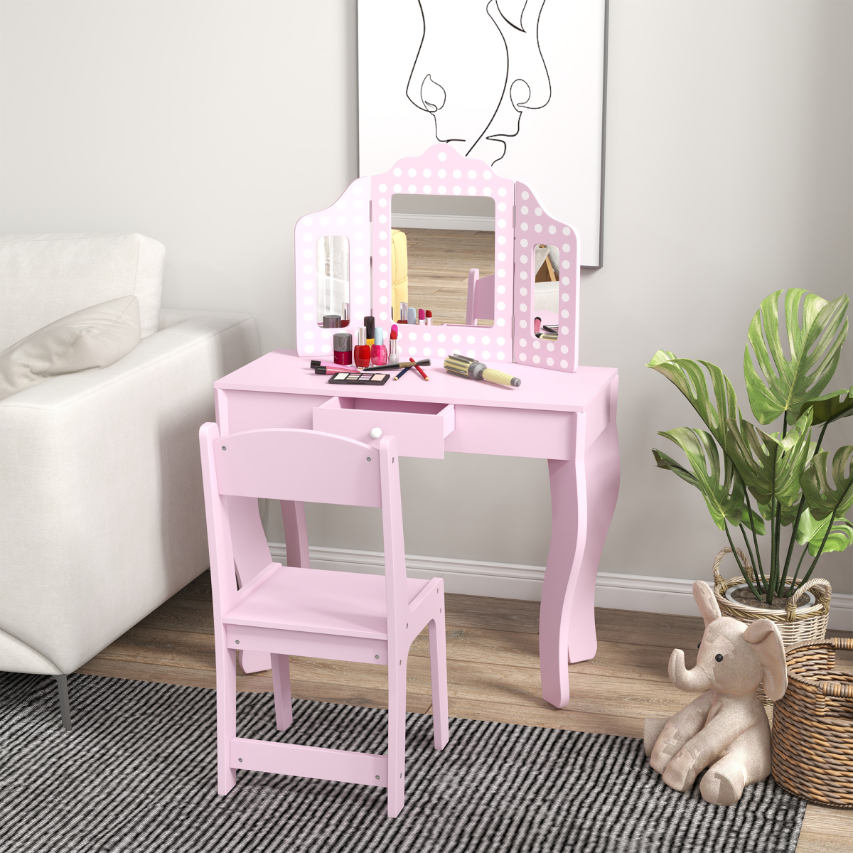 AIYAPLAY Kids Dressing Table Set, Pink, with Stool, Mirror & Drawer