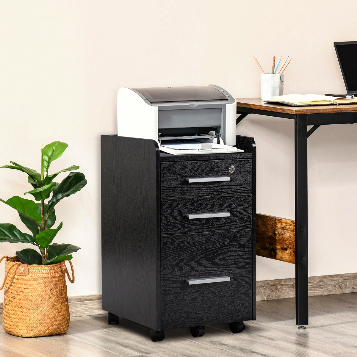HOMCOM Compact Black Office Storage Cart with Wheels, 3 Drawers
