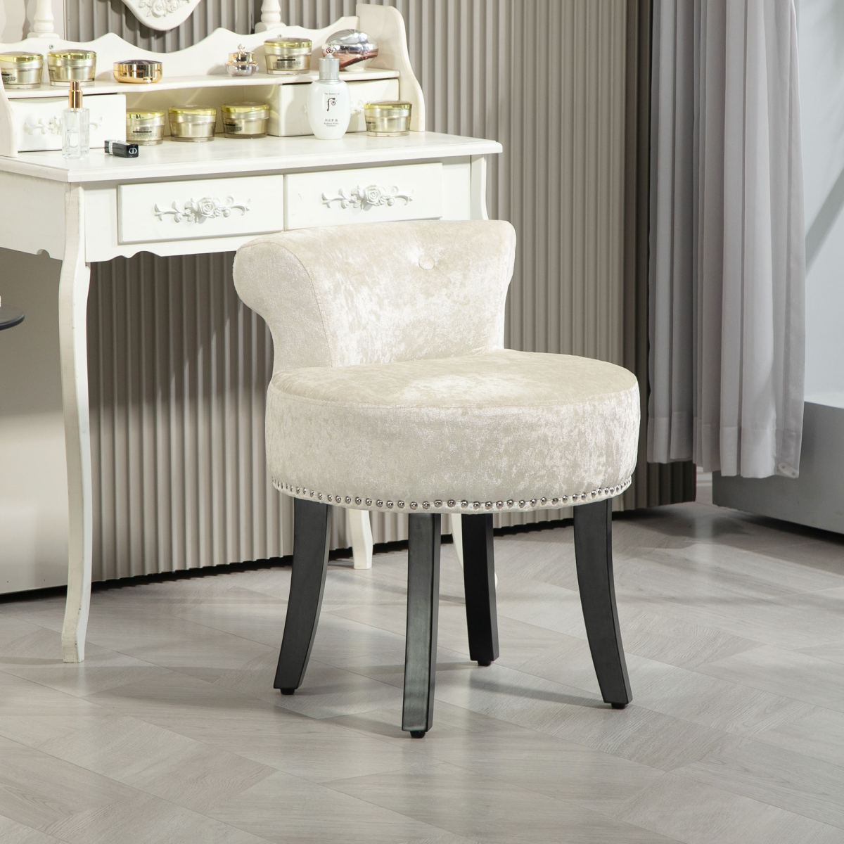HOMCOM Beige Vanity Stool with Backrest, Rubberwood Legs