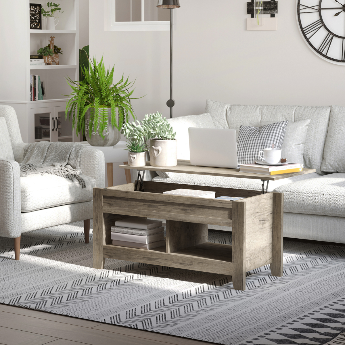 Lift Top Coffee Table with Hidden Storage & Shelves, Oak